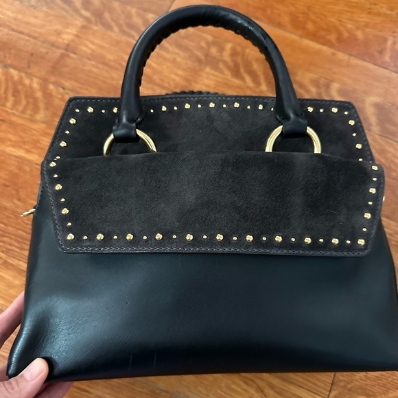 Diane Von Furstenberg Charcoal Grey and Gold Satchel with Structured Design - Picture 4 of 12